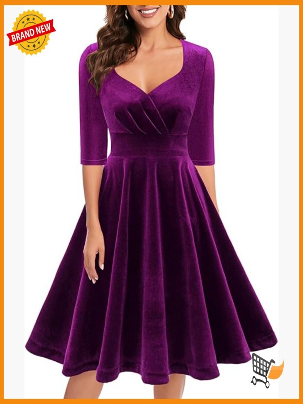 Velvet Long Sleeve Formal Midi Dress with V-Neck and Zipper Back